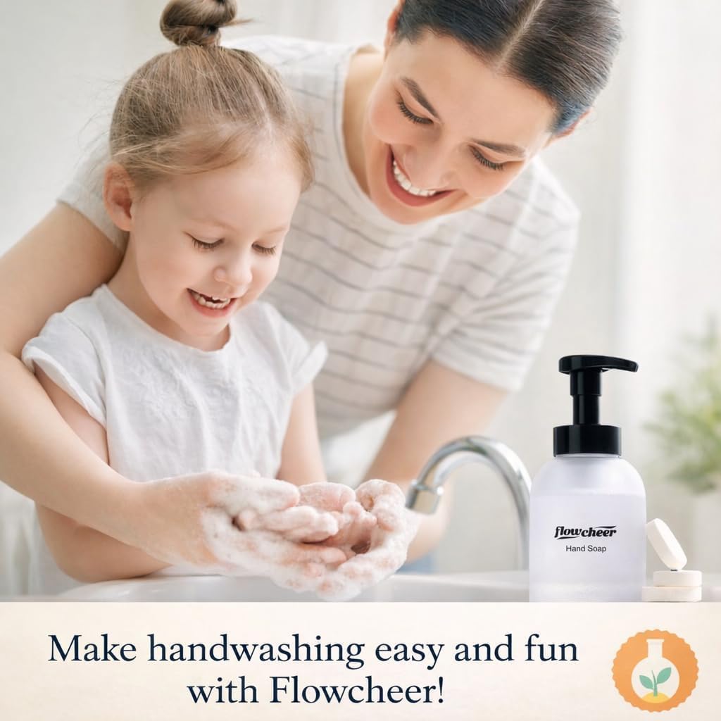 Flowcheer Foaming Hand Soap refill on a table, as a mother and child happily wash hands together, promoting fun and cleanliness.