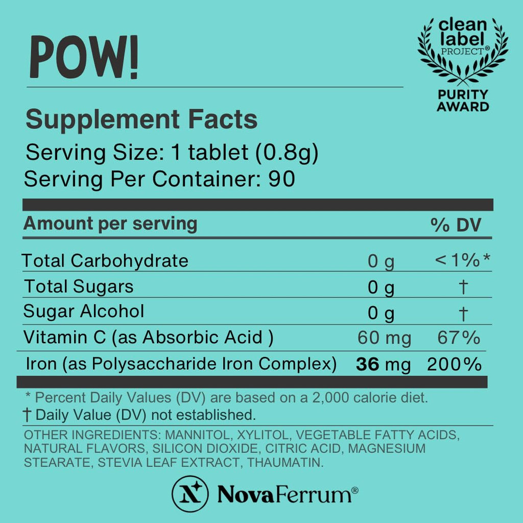 NovaFerrum Pow Chewable Iron Supplement 36mg for Anemic Teens & Adults 12+