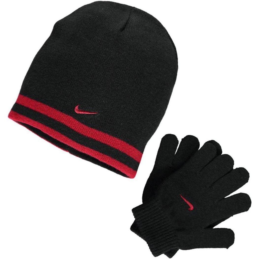 Buy now Nike Boys' Reversible Beanie and Glove Set One Size Black (8a2427-kr5) Gym Red Black at indiglob india
