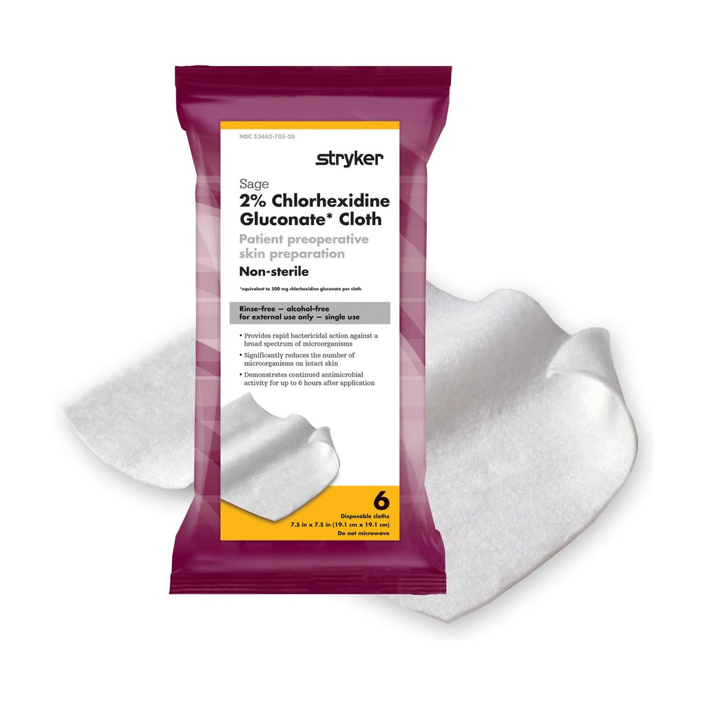 Stryker - Sage 2% Chlorhexidine Gluconate (CHG) Cloths – 1 Package, 6 Cloths – Rinse-free Antiseptic Preoperative Skin Preparation