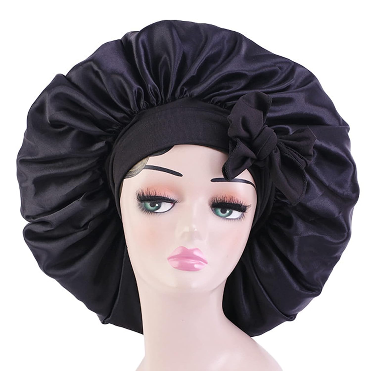 Buy now Satin Bonnet Silk for Hair Sleeping: Women Tie Bonnets Adjustable Night Cap Jumbo Size Comfortable Wide Band for Braids Curly Long Hair (Black) at indiglob india