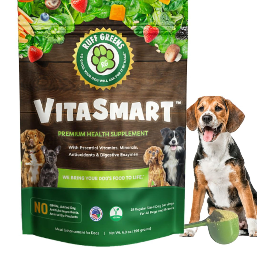 Dog Food Topper for Dogs – VitaSmart Powder with 25 Vitamins & Minerals, 15 Probiotics & 20 Digestive Enzymes – Gut, Immune, Skin & Mobility Support – All Breeds & Ages – Ruff Greens 6.9oz