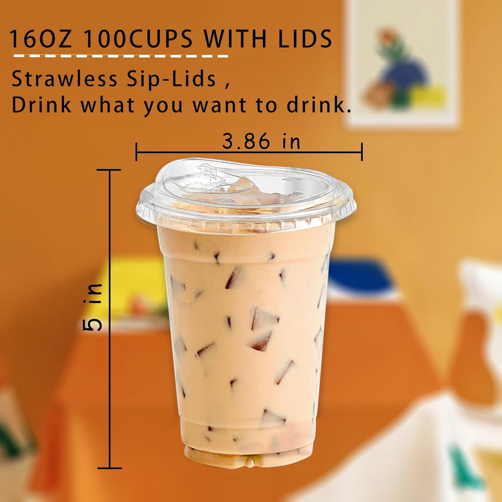 TashiBox 24oz100 Sets Clear Plastic Cups With Strawless Sip Through Lids,Clear Crystal disposable plastic cups,smoothie cups