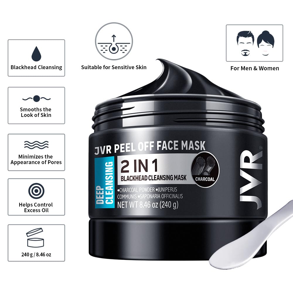 JVR Peel Off Face Mask, Charcoal Peel Off Black Mask, Facial Mask for Surface Cleansing For Men & Women, All Skin Types, 8.46 oz (240 g)