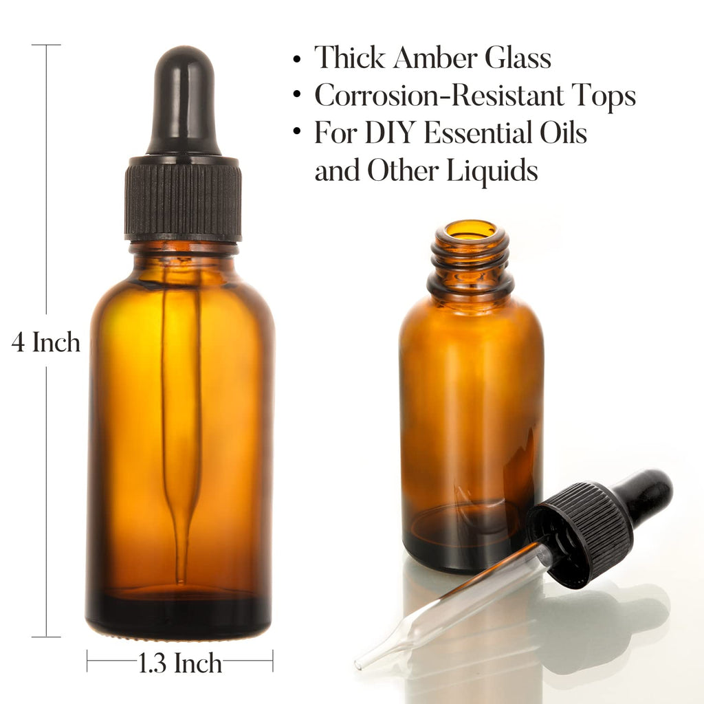 4 Pack, 1 oz Amber Glass Dropper Bottles Plus 2pcs Graduated Calibrated Glass Pipettes (1ml)- 30ml Dark Brown Tincture Bottles with Eye Droppers for Essential Oils, Liquids - Leakproof Travel Bottle