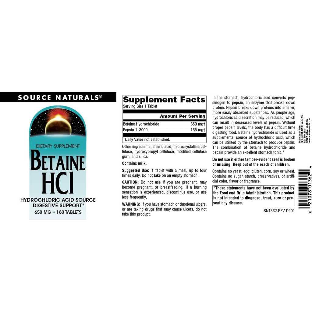 Buy now Source Naturals - Betaine HCl Hydrochloric Acid Source 650 mg. - 180 Tablets at indiglob india