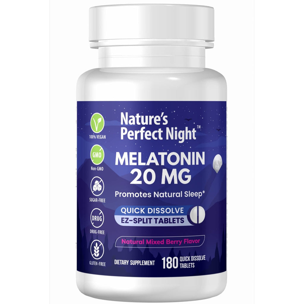 Nature's Perfect Night | Melatonin 20mg | 180 Quick Dissolve Tablets, 2-Pack | Natural Mixed Berry Flavor |High Potency | Sugar Free | Vegan | Gluten Free | 2 Count