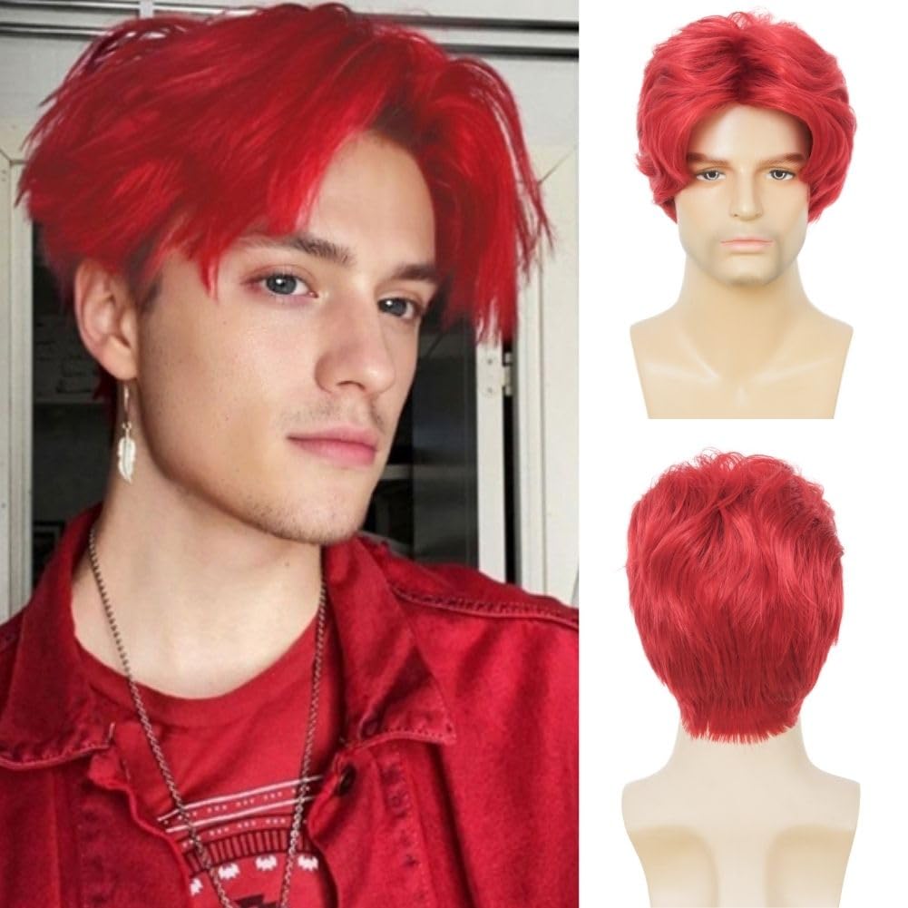 Buy now Kaneles Short Curly Mens Black Wig Fluffy Synthetic Cosplay Halloween Hair Wig for Male Guy Red at indiglob india