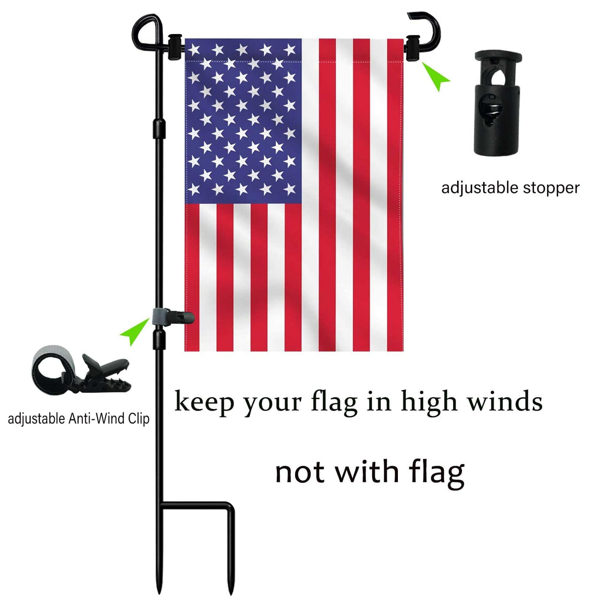 Garden Flag Stand Premium Garden Flag Pole Holder for All Seasons Yard Flags Metal Powder-Coated Weather-Proof Paint with 2 Stoppers and 1 Anti-Wind Clips