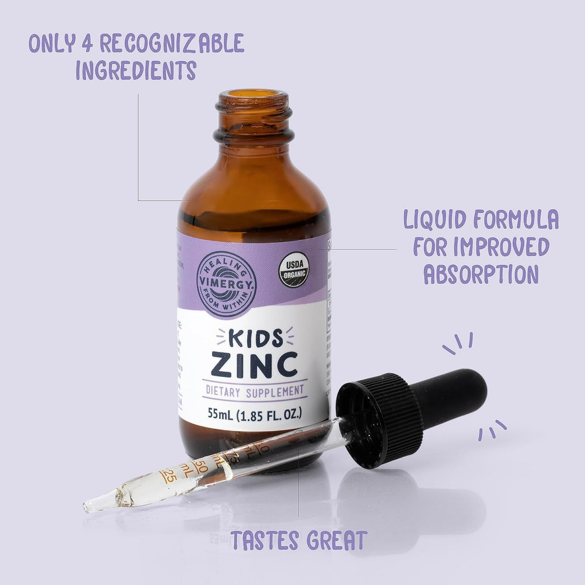 VIMERGY Kids Liquid Zinc Supplement, Organic Non-GMO, 55 mL, 31+ Servings