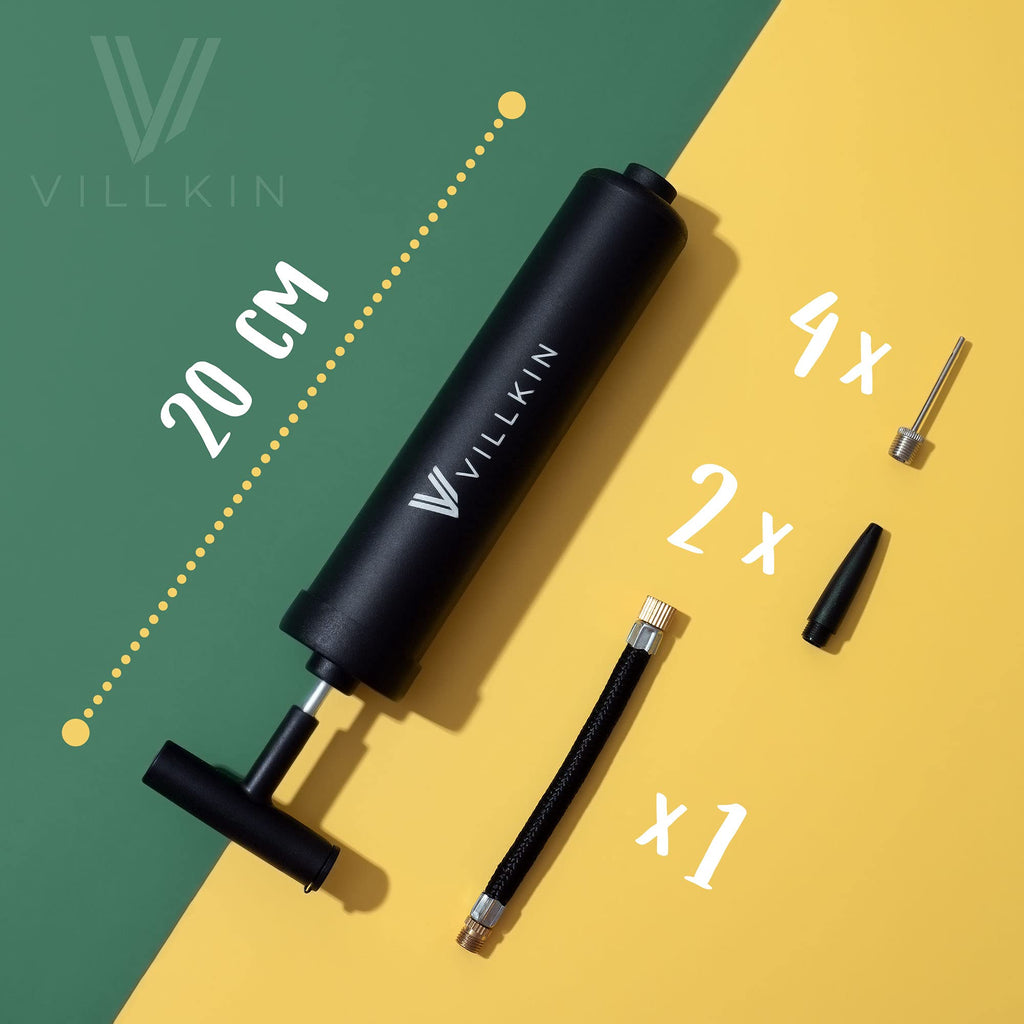 Villkin Ball Pump with Needle Storage in Handle - 4 Metal Needles, 2 Plastic Nozzles, Flexible Hose - for Soccer, Basketball, Volleyball, Handball - Black