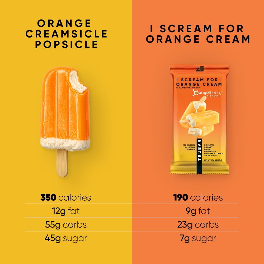 TRUBAR Vegan Protein Bar, I Scream for Orange Cream, Gluten Free, Plant Based Protein, Dairy Free, Non GMO, Soy Free, No Sugar Alcohols, 12G Protein, 13G Fiber, Healthy on the Go Snack Bars, 12 CT