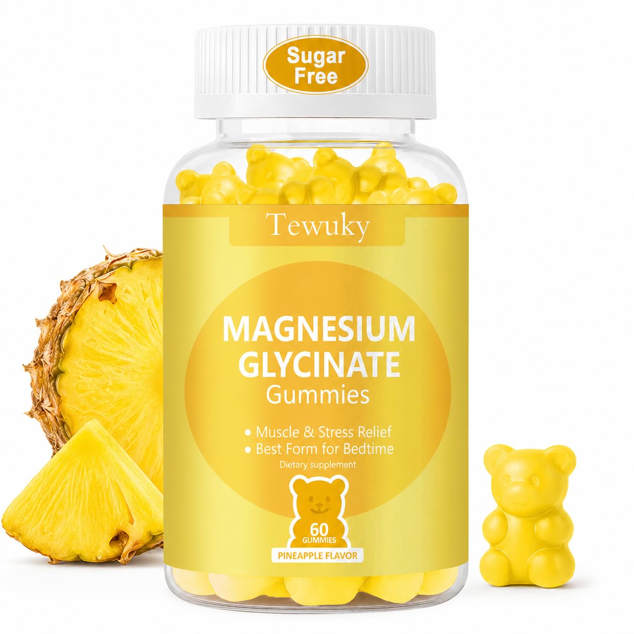 Magnesium Glycinate Gummies 2 Bottles, Sugar-Free for Adults & Kids, Magnesium Gummies for Sleep, Stress & Muscle Relief, Supports Bone & Nerve Health, Vegan, Pectin-Based, Pineapple Flavor