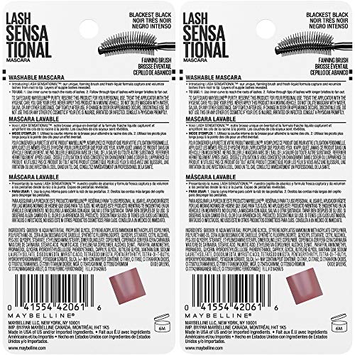 Buy now Maybelline Lash Sensational Washable Mascara, Lengthening and Volumizing for a Full Fan Effect, Blackest Black, 2 Count at indiglob india