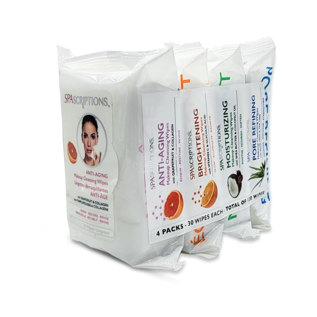 Buy now Spascriptions™ Anti-Aging, Brightening, Moisturizing & Pore Refining Towelettes Removes Waterproof Makeup, Revives with Collagen, Vitamin C, Coconut Oil, and Aloe Hypoallergenic, 120 Ct. 4 Pack at indiglob india