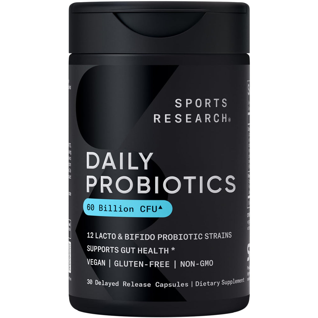Sports Research® Daily Probiotics 60 Billion CFU w/Prebiotics, 30 Count | 12 Lacto & Bifido Strains for Gut & Digestive Support - Vegan, Non-GMO & Gluten Free