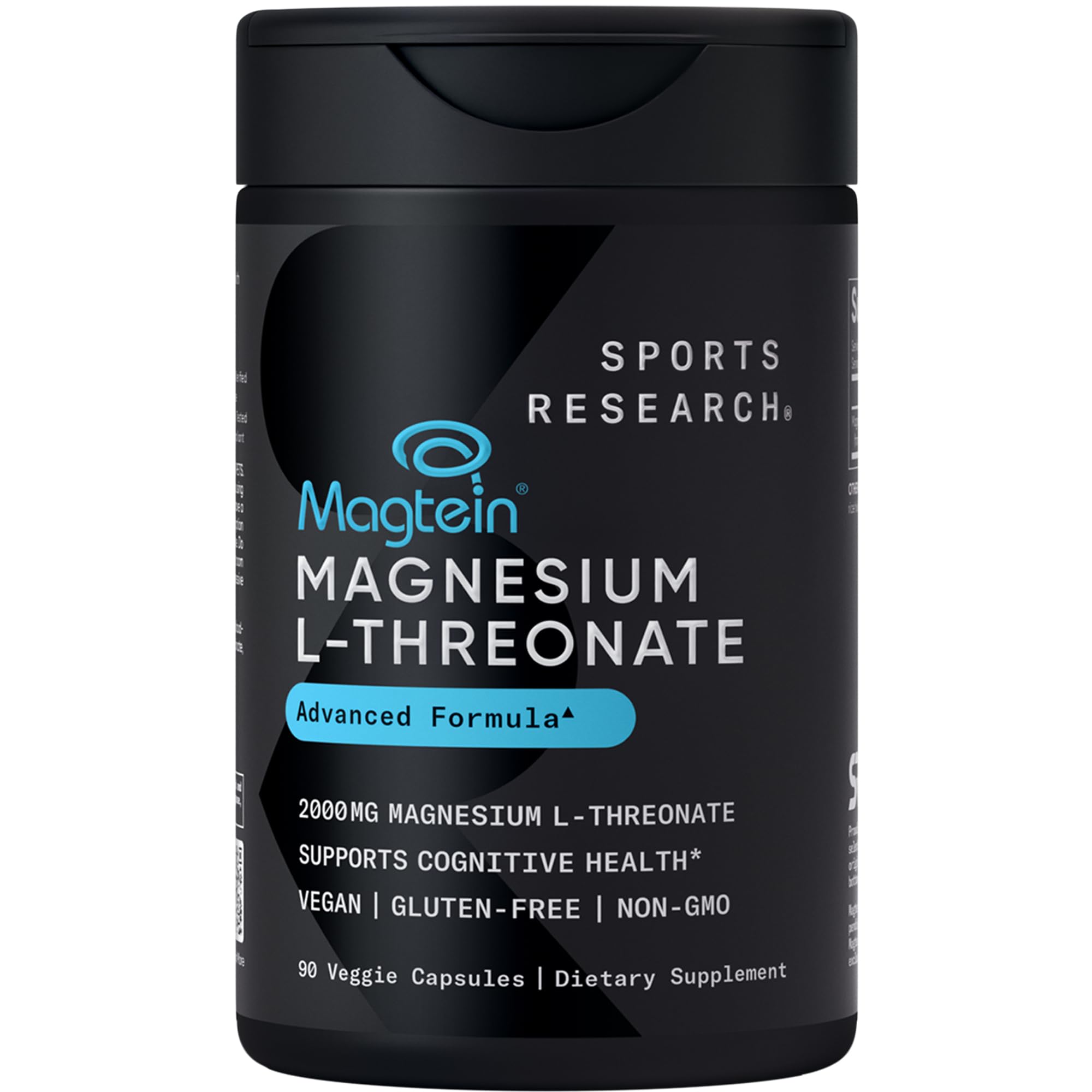 Sports Research® Magnesium L-Threonate 2000mg w/Magtein®, 90 Count | 2000mg/144mg Elemental Mag per Serving - Brain & Sleep Support - Vegan, Non-GMO, Gluten-Free