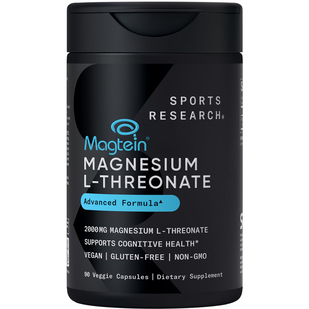 Sports Research® Magnesium L-Threonate 2000mg w/Magtein®, 90 Count | 2000mg/144mg Elemental Mag per Serving - Brain & Sleep Support - Vegan, Non-GMO, Gluten-Free
