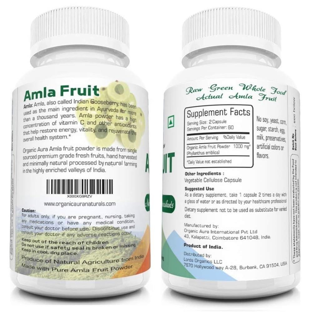 AMLA Capsules. 1000mg per Serving, 120 Veg Capsules. Raw Green Whole Superfood. All Natural, Fresh and Original. No GMO and Gluten Free.