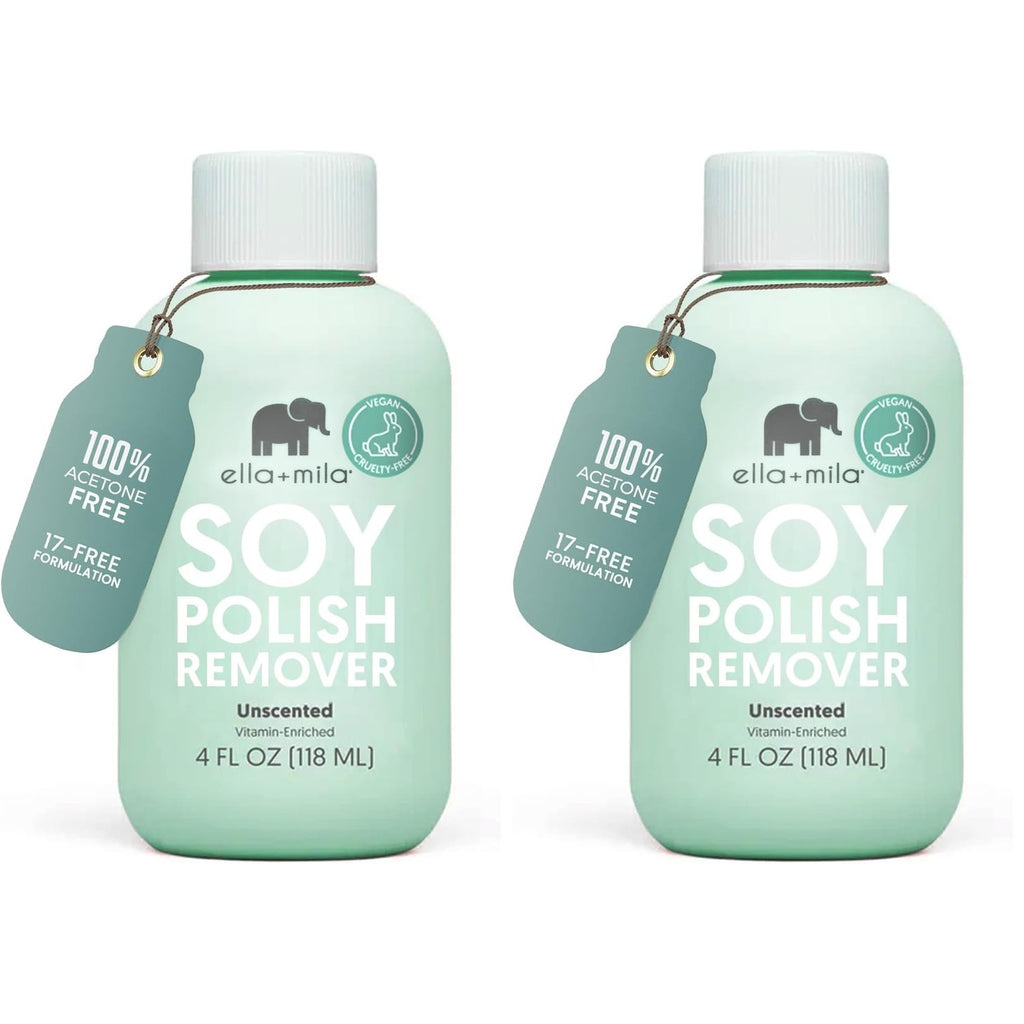 ella+mila Soy Nail Polish Remover - Non-Acetone with Lavender Oil, 4 fl oz | Soy-based non-acetone remover; lavender oil; vitamins A, C & E; gentle on bare nails; vegan; 4 fl oz