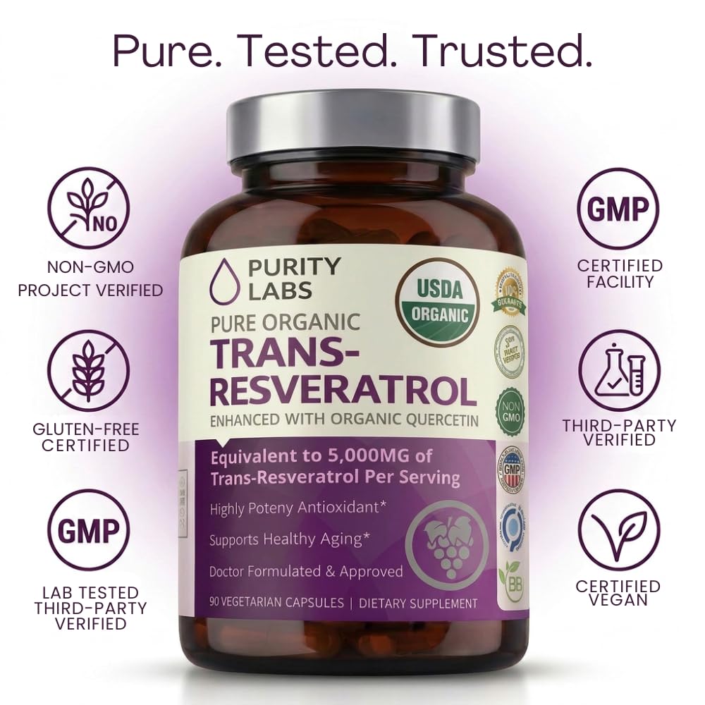 Purity Labs Trans-Resveratrol Supplement 5,000 mg Equivalent per Serving with Quercetin, USDA Organic High Potency Antioxidant, Vegan Capsules, 90 Count