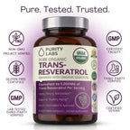 Purity Labs Trans-Resveratrol Supplement 5,000 mg Equivalent per Serving with Quercetin, USDA Organic High Potency Antioxidant, Vegan Capsules, 90 Count
