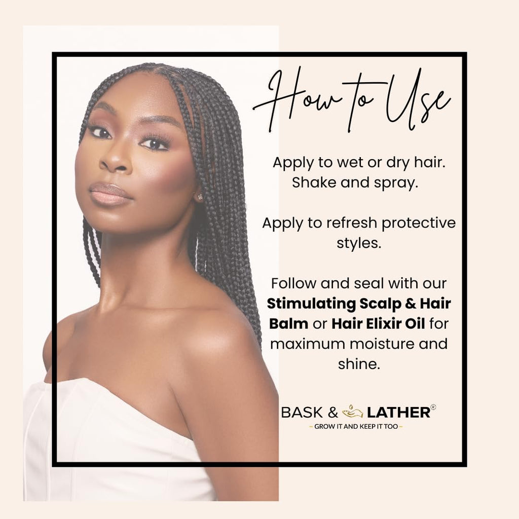 BASK & LATHER Hydrating Hair Mist, Leave-In Conditioner, Itchy Scalp Relief, Detangler, Curl Definer, Aloe Vera, Avocado Oil, For All Hair Types, 8 oz