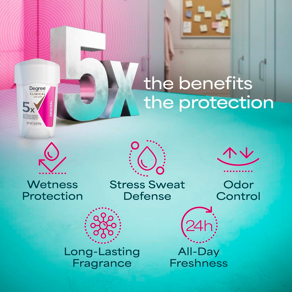 Degree Clinical Antiperspirant Deodorant Soft Solid, Original, 1.6 oz | For stress sweat, Helps keep you dry & confident, With 96H protection, soft solid