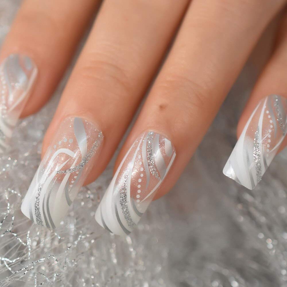 Buy now EchiQ Pearl Shine Glossy Fake Nails Shimmer White Square French Nail Ombre Faux Ongles Gradient Medium Fingernails with Gluetabs Clear white at indiglob india
