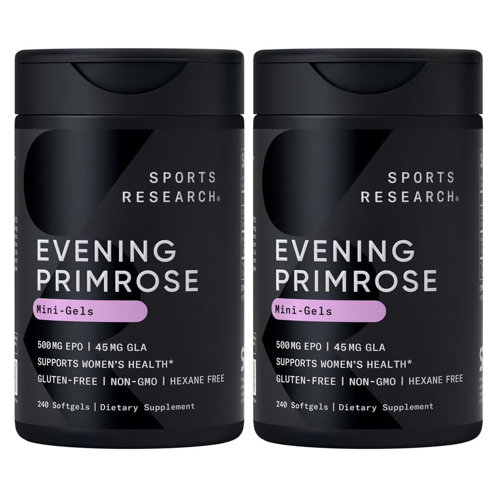Sports Research® Evening Primrose Oil 500mg, 240 Mini-Softgels | EPO Supplement from Cold-Pressed Oil for Women’s Health & Healthy Skin | Natural GLA, Non-GMO, Easy to Swallow Capsule