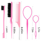 ZVOREI 8Pcs Hair Brushes Set wit, Pink 4Pcs Topsy Hair Tail Tools | 1Pcs Bristle Teasing Hair Brush 1Pcs Edge Control Brush 2Pcs Metal Pin Rat Tail Combs for Woman Girl Hair Styling