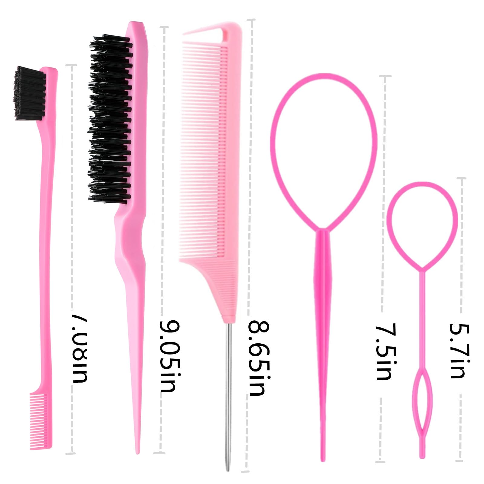 ZVOREI 8Pcs Hair Brushes Set wit, Pink 4Pcs Topsy Hair Tail Tools | 1Pcs Bristle Teasing Hair Brush 1Pcs Edge Control Brush 2Pcs Metal Pin Rat Tail Combs for Woman Girl Hair Styling