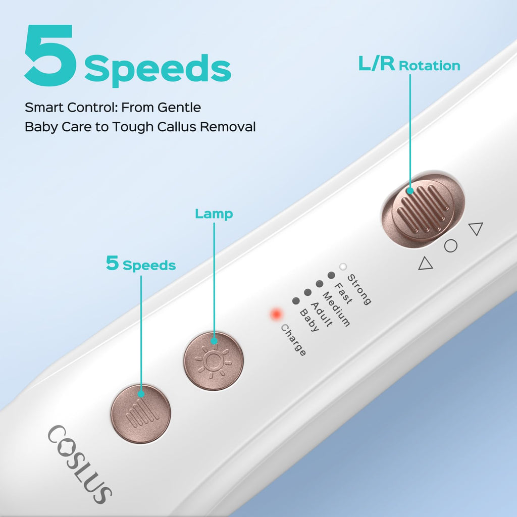 COSLUS C43 Professional Manicure Pedicure Kit with Upgrade Wider Grinder | 5-in-1 Electric Nail File for Toenail Hand Feet, Thick Nails Care, Cordless, 5 Speeds, Men Women Seniors, Home Salon, White