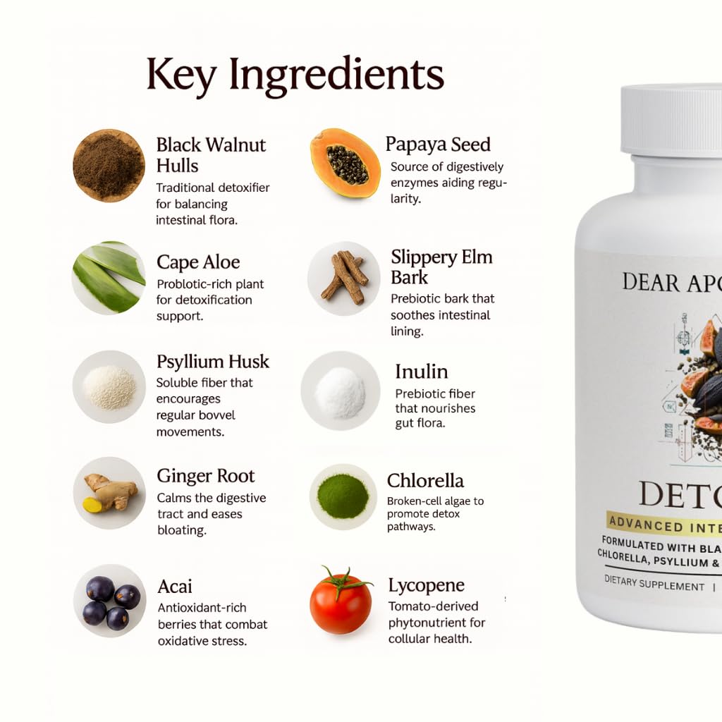 Detoxify Advanced Cleanse - Black Walnut Papaya Seed Herbal Formula - Gut Health Support with Chlorella Psyllium Aloe Fiber - Intestinal Wellness Blend - Vegan Non-GMO Gluten-Free - 60 Capsules