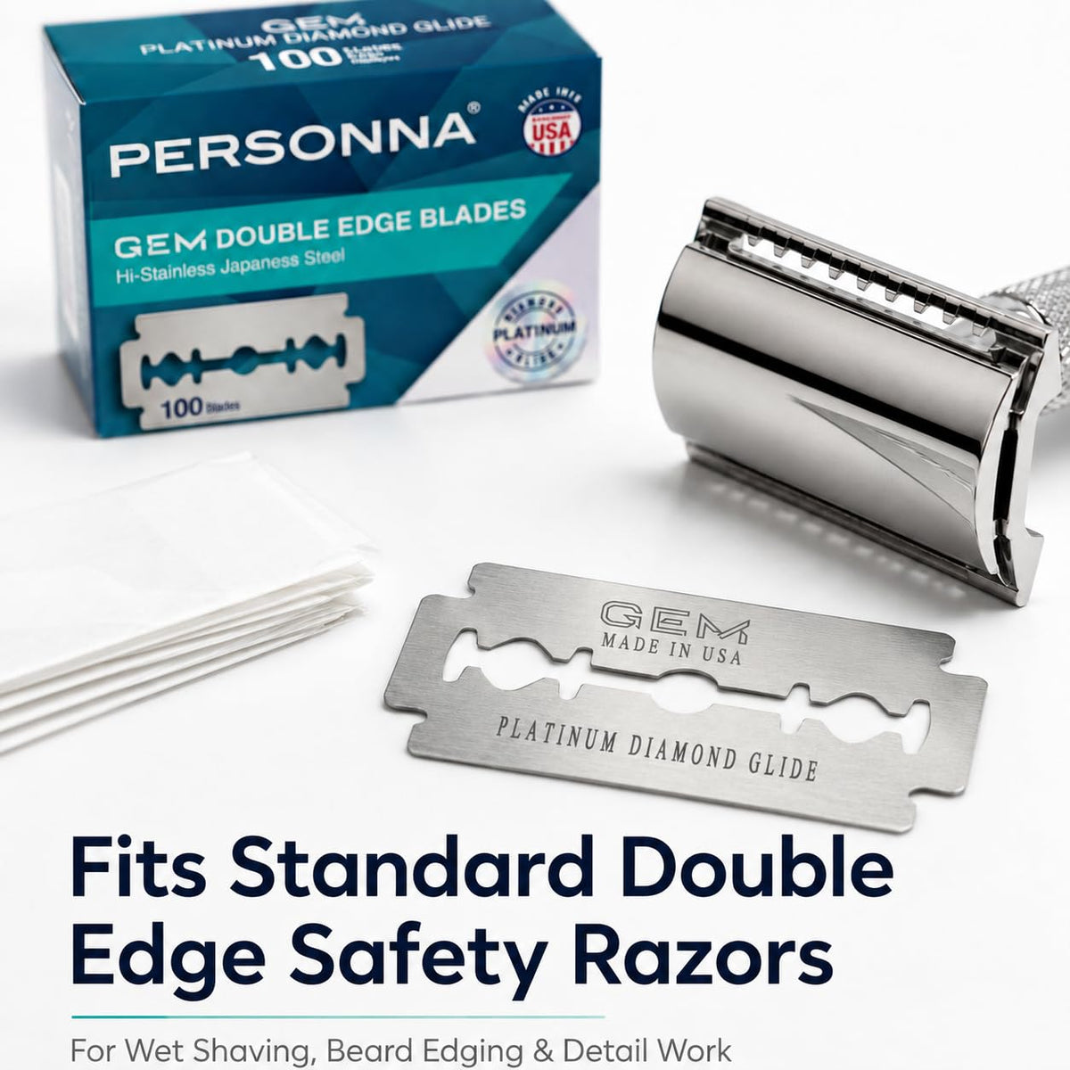 Personna GEM Platinum Diamond Glide Double Edge Razor Blades, 100 Count, Surgical-Grade Stainless Steel Safety Razor Blades for Smooth Wet Shaving