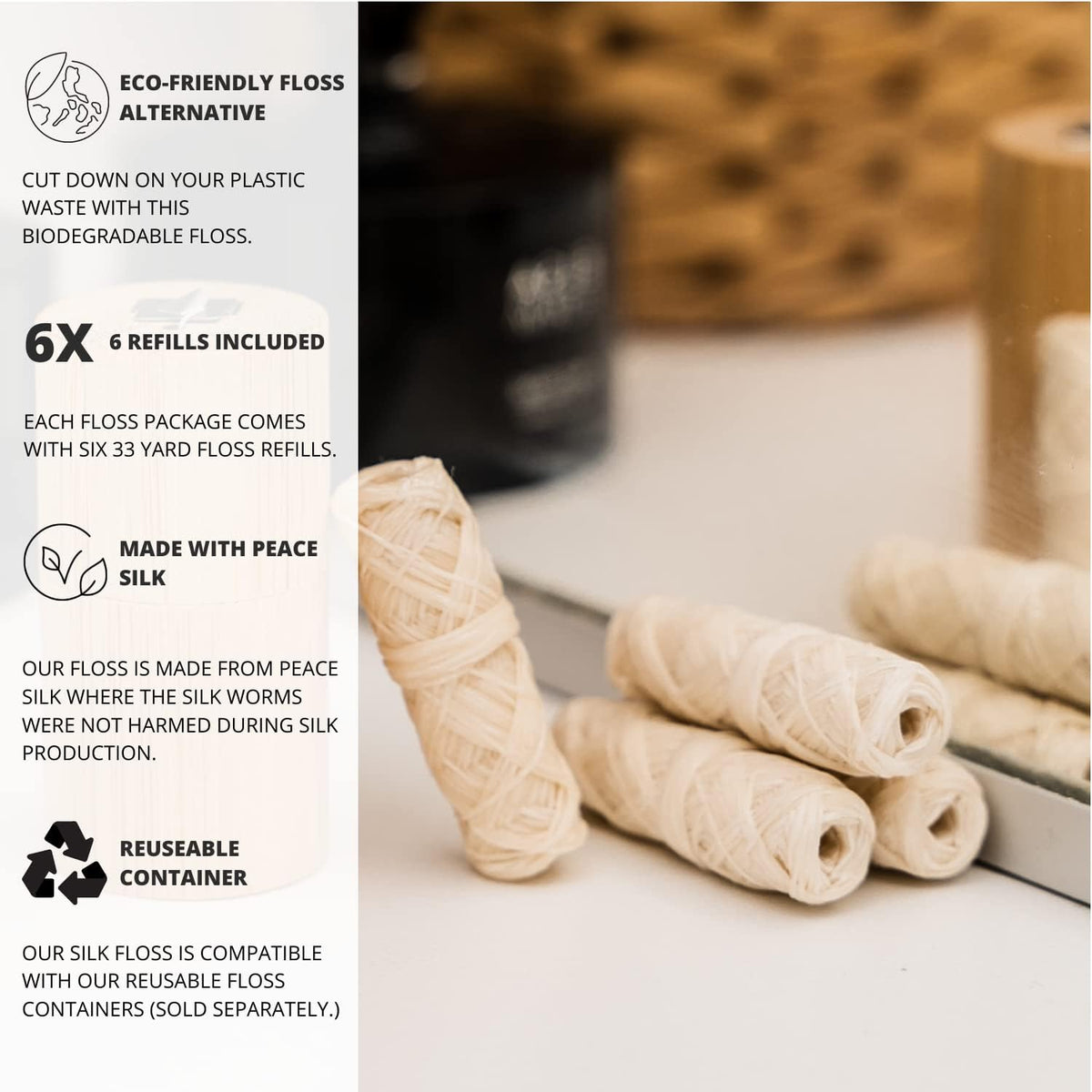 Biodegradable Silk Dental Floss Refill - Six Pack - Organic Natural Dental Floss, Refillable, Compostable Peace Silk Dental Floss Refills - 6 x 33 Yards - Eco-Friendly Mint Candelilla Wax