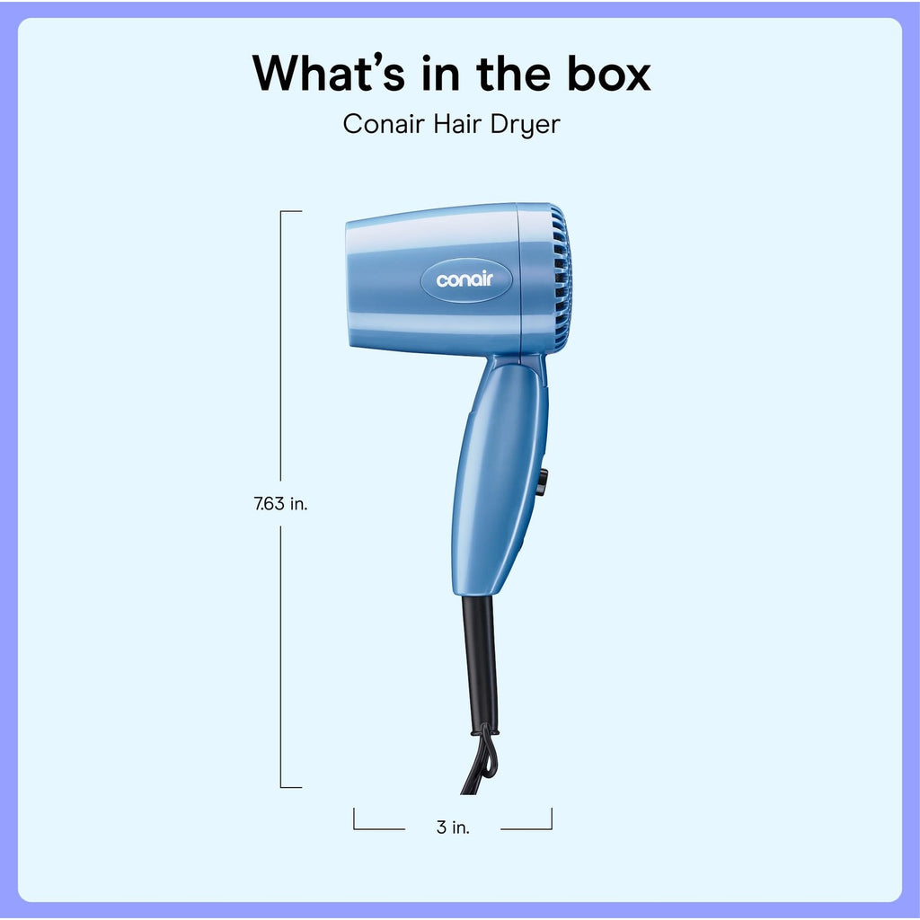 Conair Dual Voltage Hair Dryer, Compact Folding Handle Design, 1600W | Travel blow dryer for on-the-go styling with foldable 0.75-lb design, high-velocity airflow, and various heat/speed settings