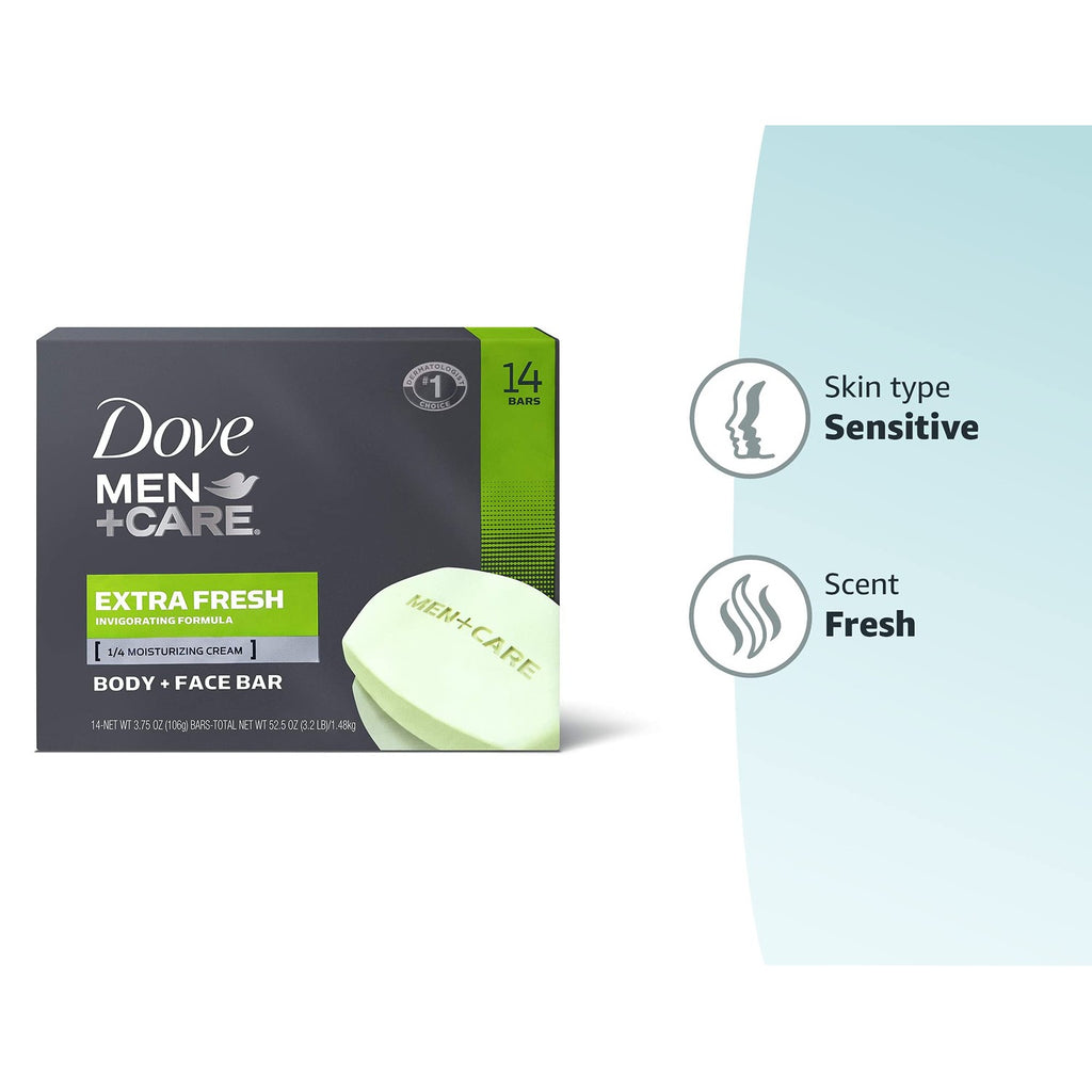 Buy now Dove Men+Care Bar 3 in 1 Cleanser for Body, Face, and Shaving Extra Fresh 14 Bars to Clean and Hydrate Skin Body and Facial Cleanser Mandarin Citrus, Patchouli, and Rosemary scent 3.75 oz at indiglob india