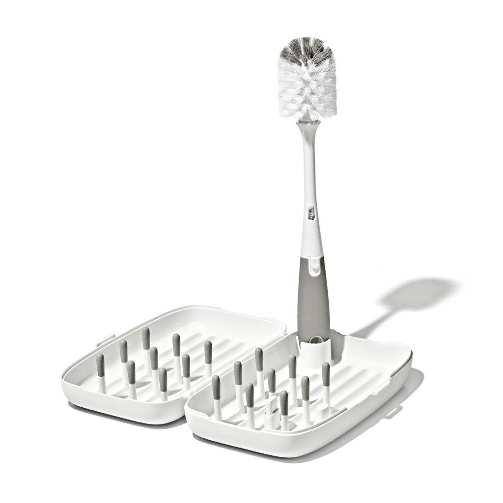OXO Tot Travel Size Baby Bottle Drying Rack & Bottle Brush, Portable, Gray