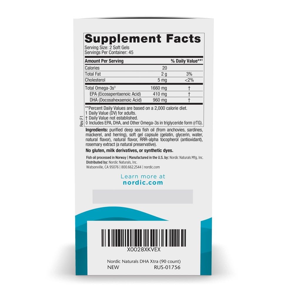 Nordic Naturals DHA Xtra Supplement, 1660mg Omega-3 Fish Oil - 90 Count | 1660mg Omega-3 per serving (2x potency). Supports brain & nervous system health. Non-GMO. Strawberry flavor. 90 servings.