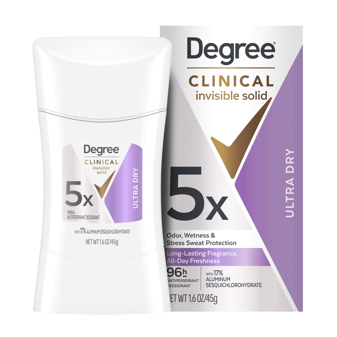 Degree Clinical Strength Antiperspirant Deodorant For Women 96-Hour Sweat and Odor Protection Ultra Dry Invisible Solid 5x Types of Sweat 1.6 OZ