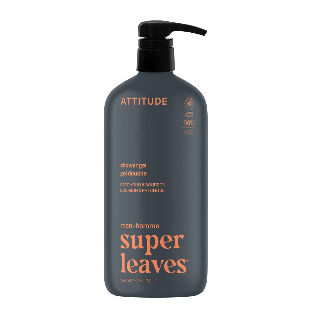 ATTITUDE Men's Body & Face Wash, Patchouli & Bourbon, EWG Verified, 32 Oz