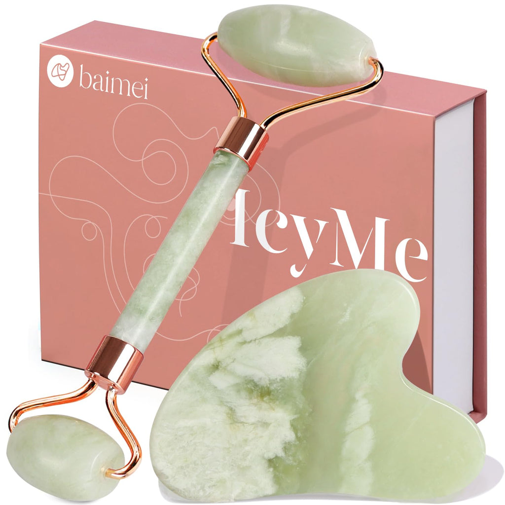 BAIMEI IcyMe Gua Sha & Jade Roller Set for Facial Sculpting and Relaxation | Cooling Face Roller & Guasha Tool for Face Depuffing & Jawline Definition, Beauty Skin Care Tool Gifts for Women–Green