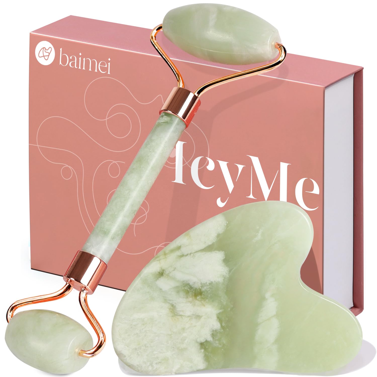 BAIMEI IcyMe Gua Sha & Jade Roller Set for Facial Sculpting and Relaxation | Cooling Face Roller & Guasha Tool for Face Depuffing & Jawline Definition, Beauty Skin Care Tool Gifts for Women–Green