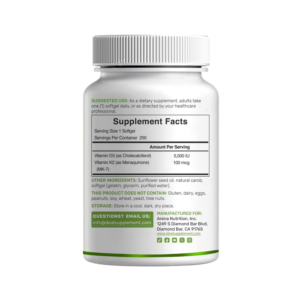 DEAL SUPPLEMENT 2 Pack Vitamin D3 5,000 IU + K2 MK7 Softgels, 500 Count | 2-in-1 Complex | Supports Heart, Bone, Teeth & Immune Health | Easy to Swallow