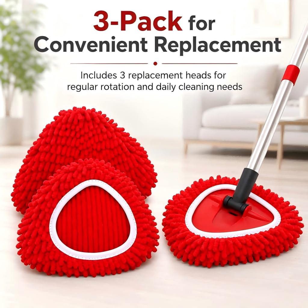 3 Pack Spin Mop Replacement Heads Compatible with O-Cedar EasyWring, Chenille Microfiber Mop Refills, Washable & Reusable Mop Head for Hardwood, Tile, Laminate and Marble Floors, Red
