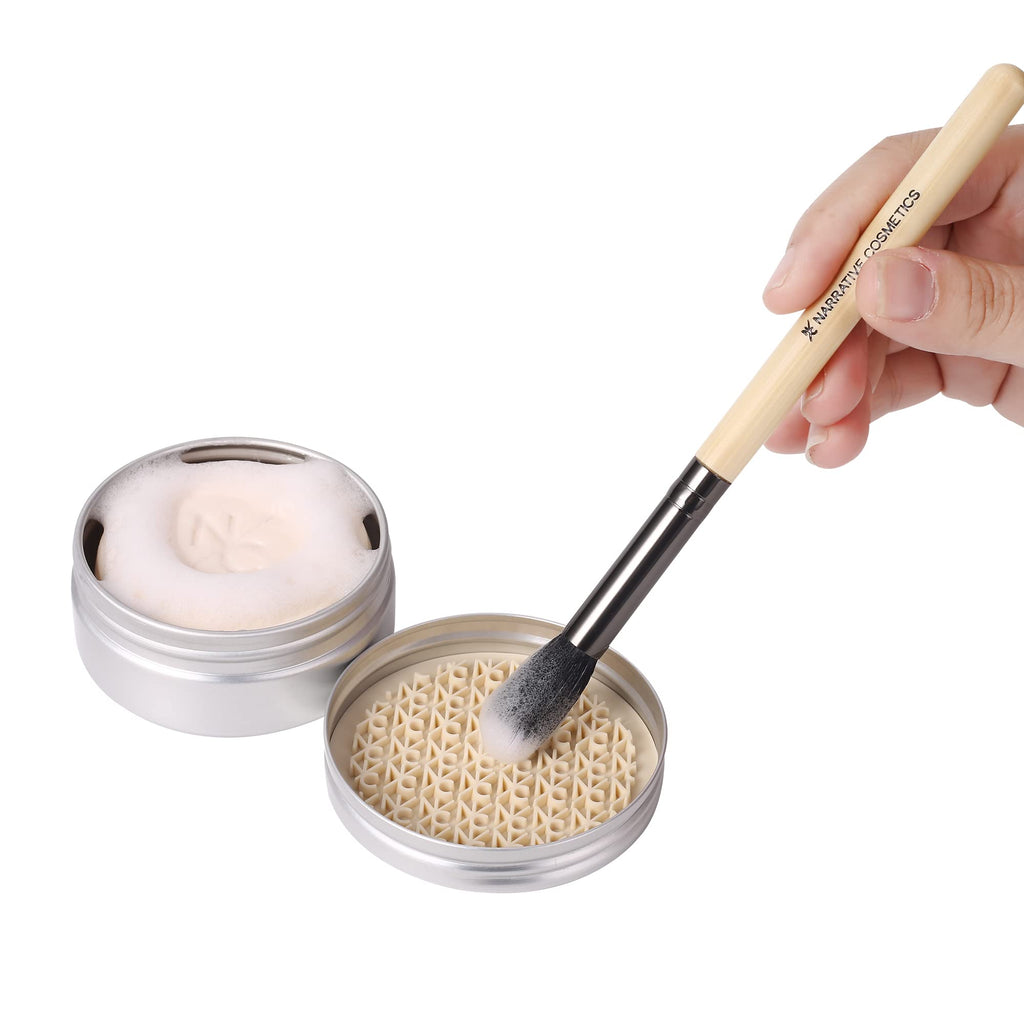 Narrative Cosmetics Makeup Brush Cleaner Soap with Silicone Scrubber Pad | Solid Cleanser for Brushes & Beauty Blenders | Vegan, Cruelty-Free, Avocado Jojoba Argan Oil, Vanilla Scent, 2.45 Oz