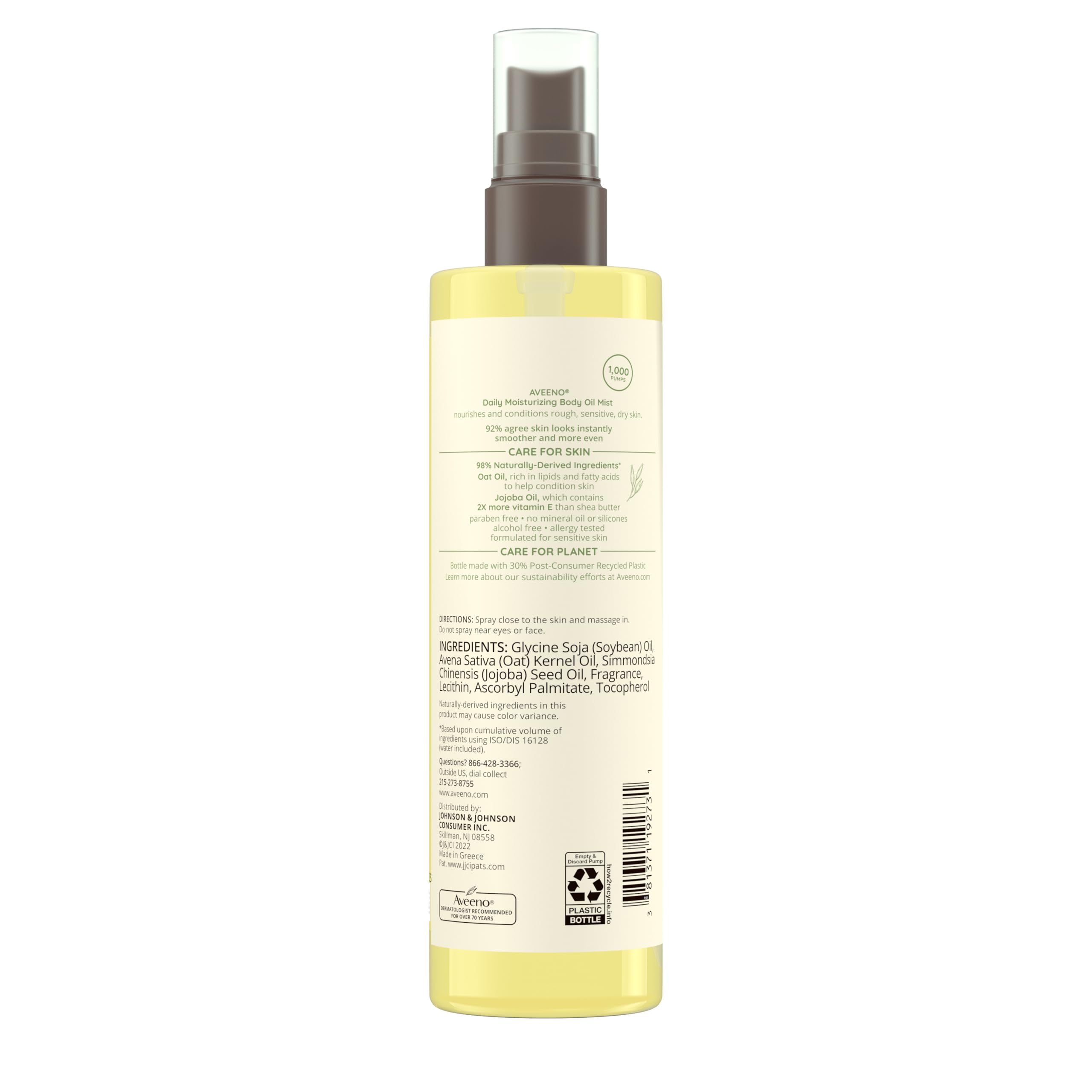Aveeno Daily Moisturizing Body Oil Mist with Oat Oil and Jojoba Oil for Rough, Dry, Sensitive Skin, Nourishing Body Spray for Smoother, More Even Skin, Paraben- & Silicone-Free, 6.7 fl. oz