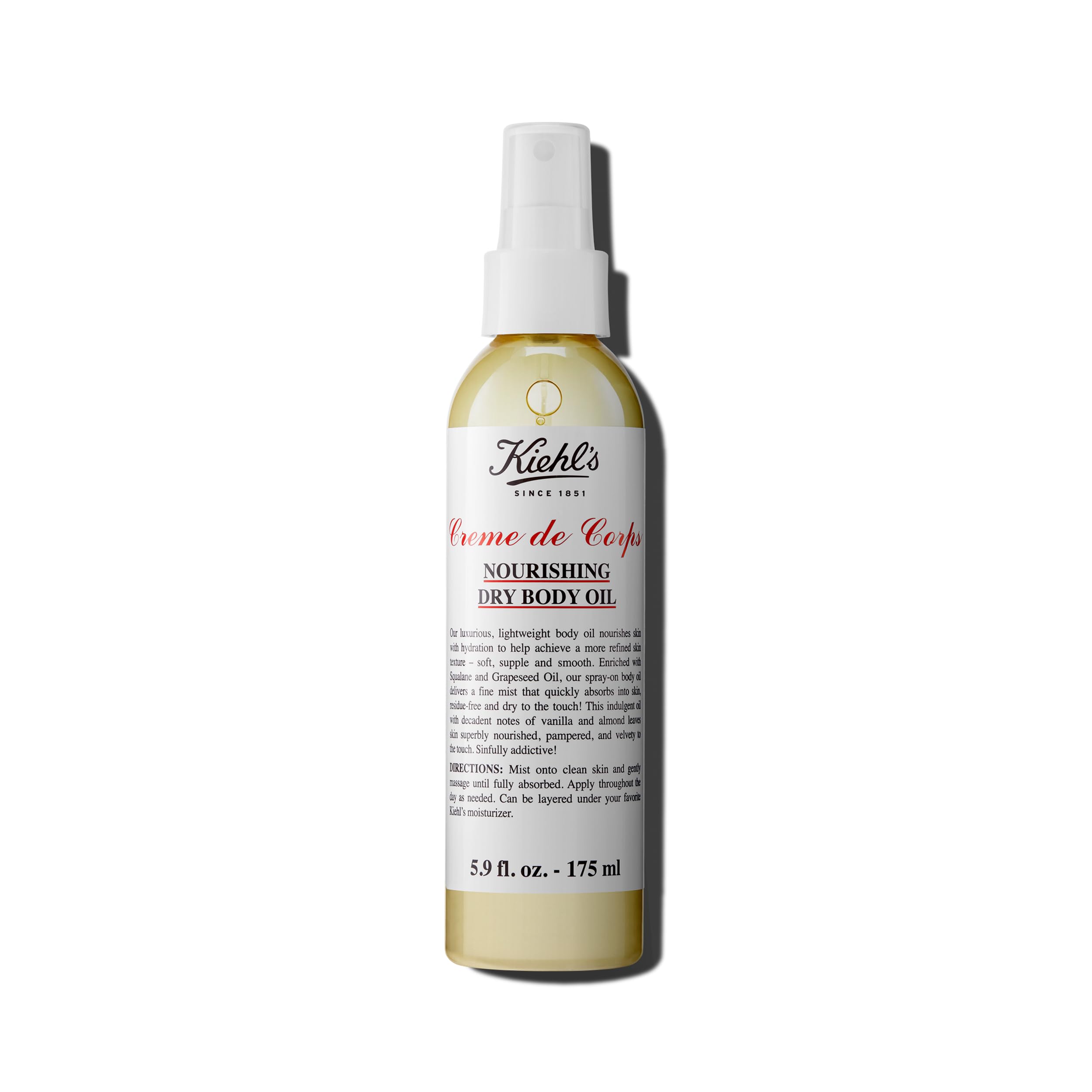 Buy now Kiehl's Creme de Corps Nourishing Dry Body Oil, Lightweight Body Oil Spray for Soft & Smooth Skin, with Squalane & Grape Seed Oil, Absorbs Quickly, Residue-free, Vanilla & Almond Scent - 5.9 fl oz at indiglob india