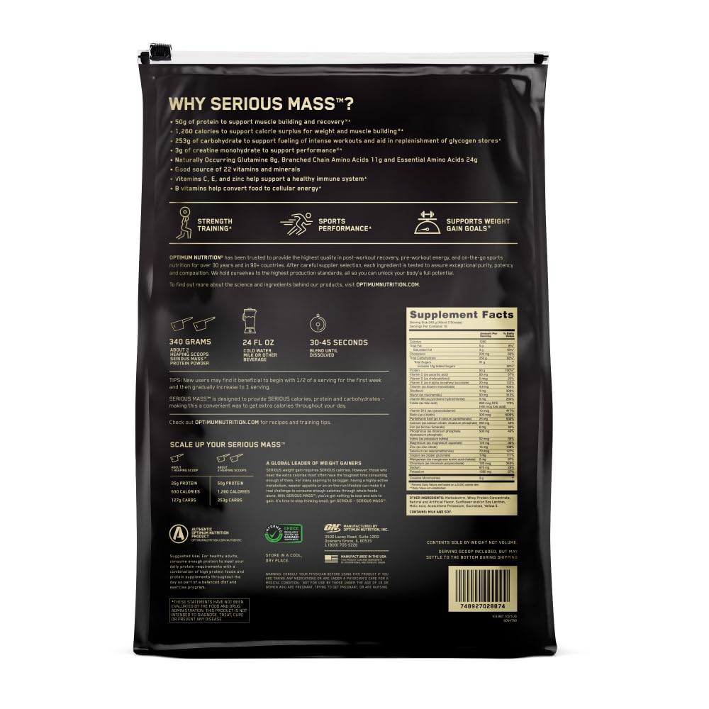 Buy now Optimum Nutrition Serious Mass, Weight Gainer Protein Powder, Mass Gainer, Vitamin C and Zinc for Immune Support, Creatine, Banana, 12 Pound (Packaging May Vary) at indiglob india